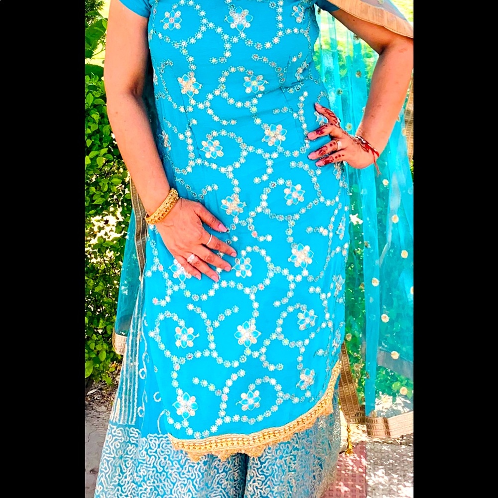 Punjabi Plazzo Party Wear Turquoise Suit